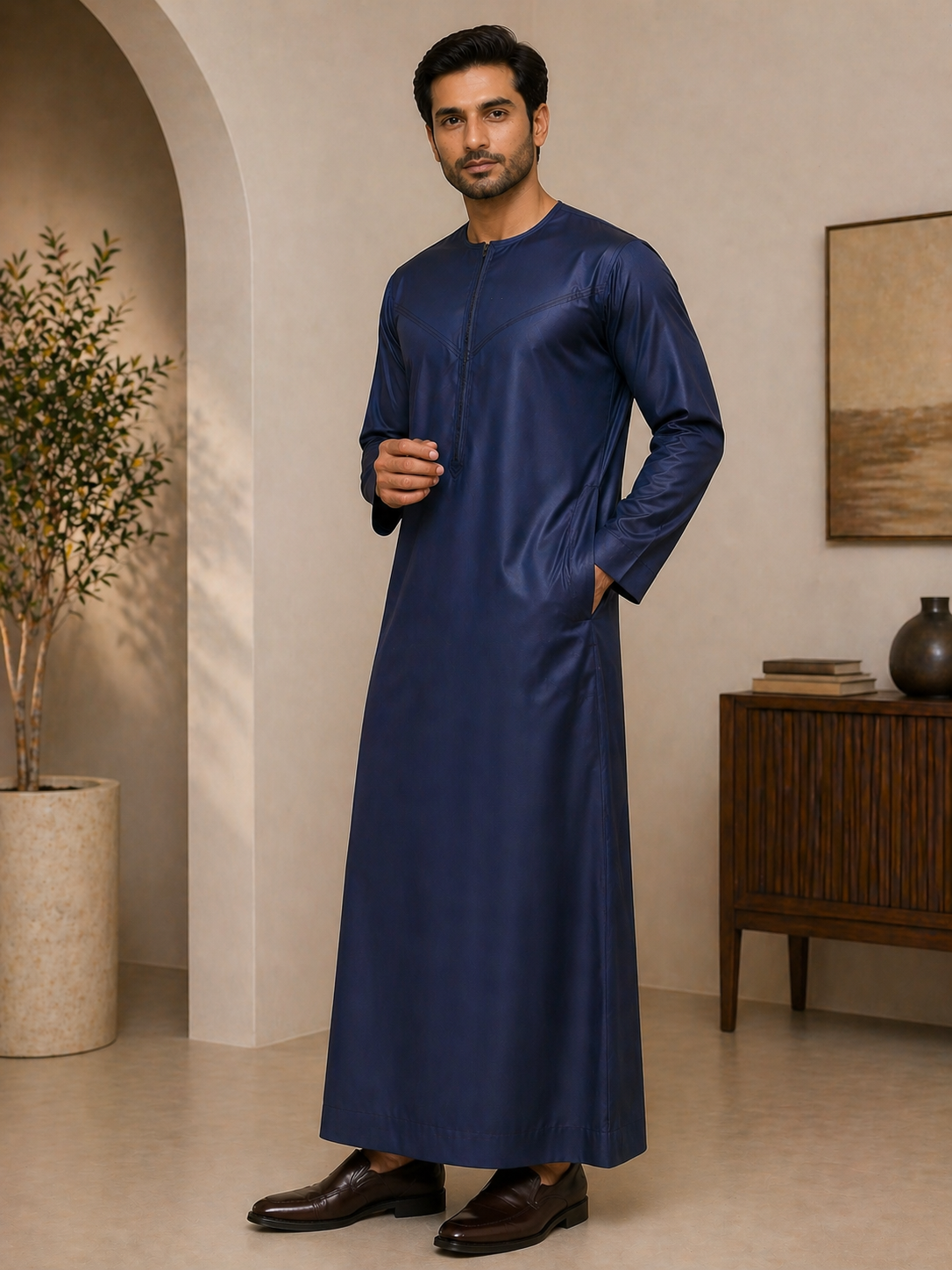 Mens blue jubba thobe uk full length view for mosque prayer