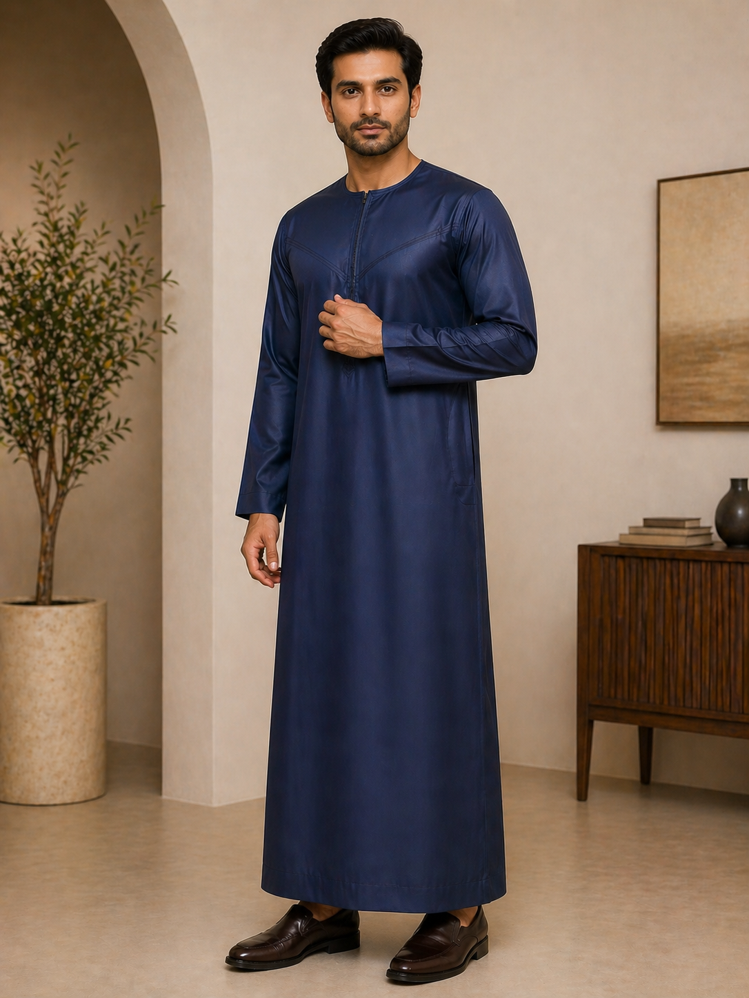 Mens blue jubba thobe uk full length view for mosque prayer