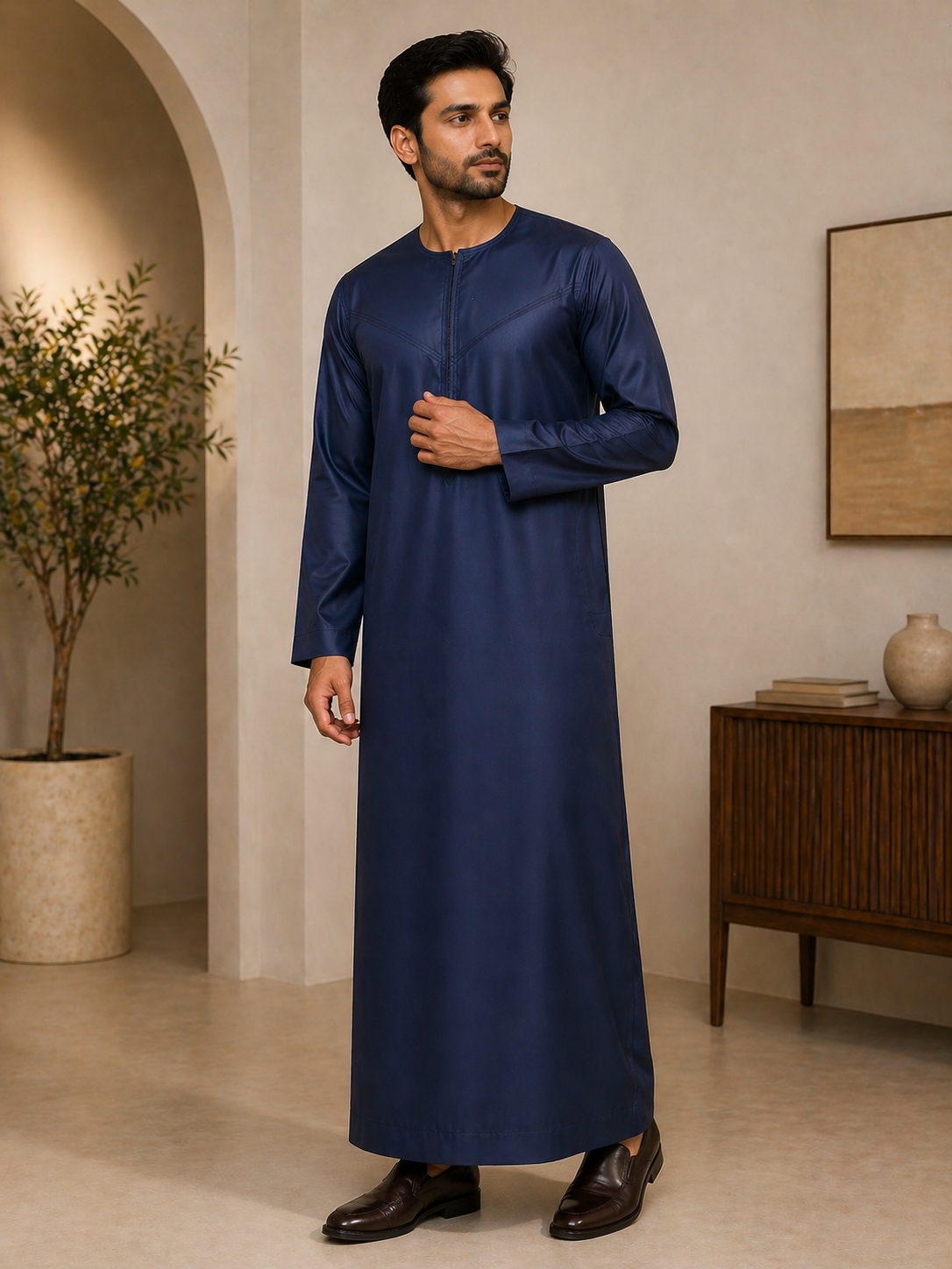 Mens blue jubba thobe uk full length view for mosque prayer