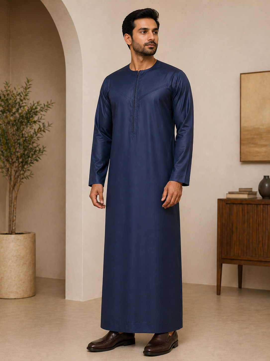 Mens blue jubba thobe uk full length view for mosque prayer
