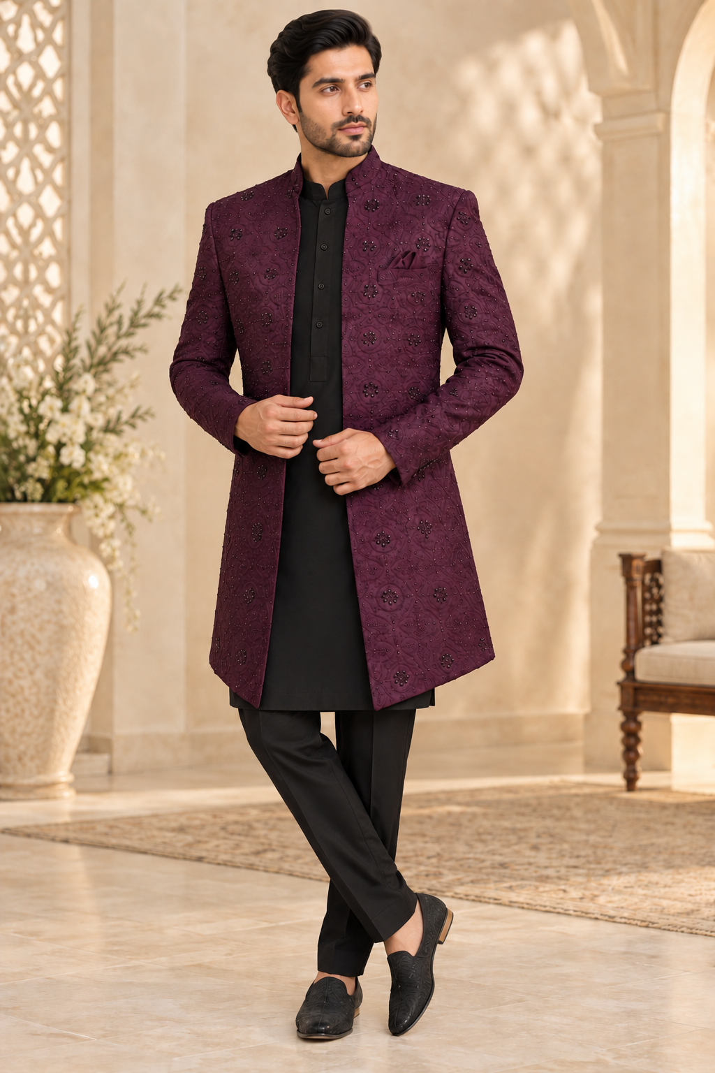 Men’s Burgundy Embroidered Jodhpuri Open Prince Jacket Blazer