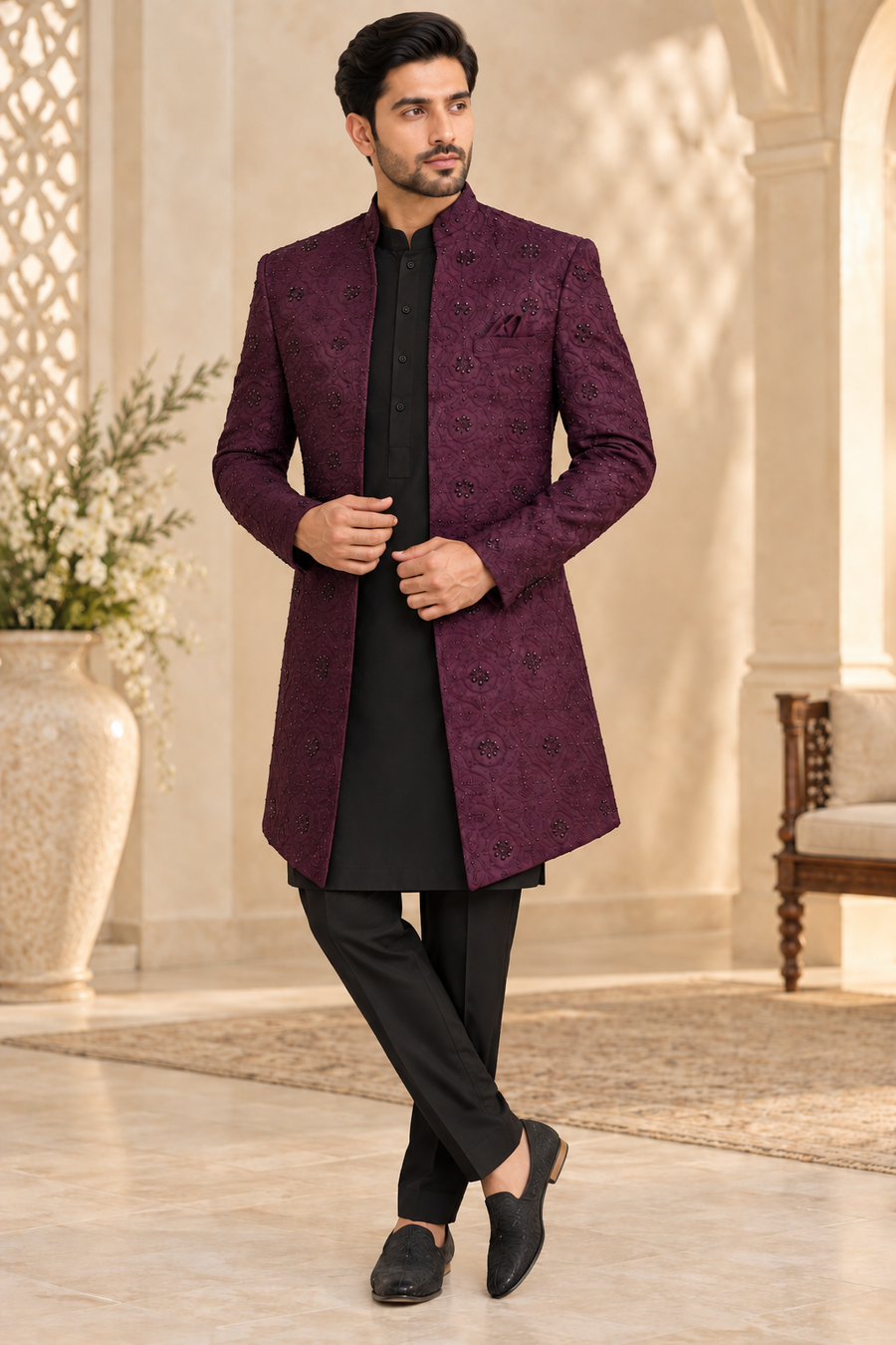 Men’s Burgundy Embroidered Jodhpuri Open Prince Jacket Blazer