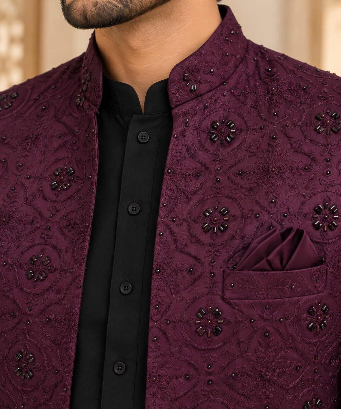 Men’s Burgundy Embroidered Jodhpuri Open Prince Jacket Blazer