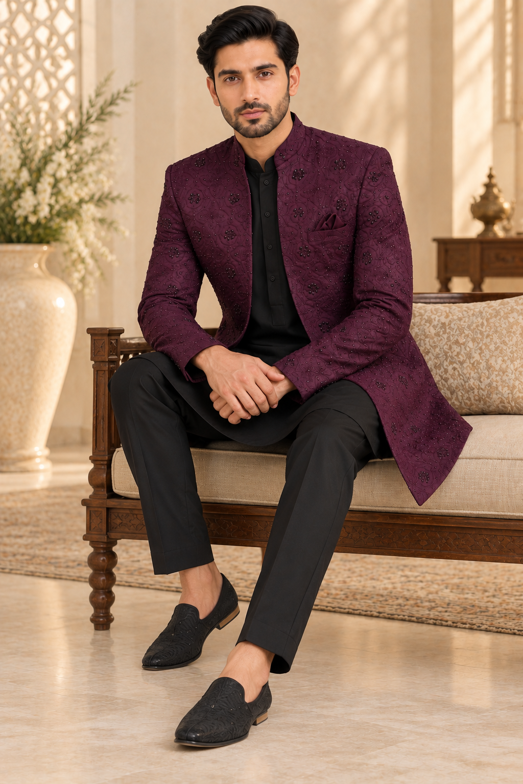 Men’s Burgundy Embroidered Jodhpuri Open Prince Jacket Blazer