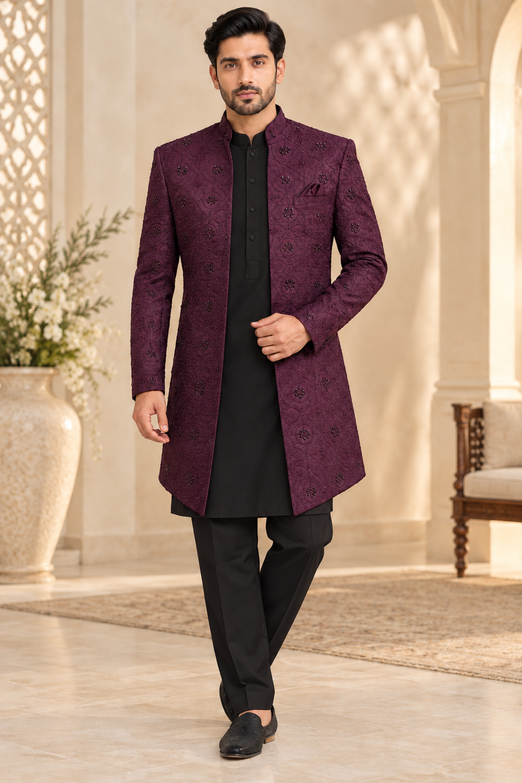 Men’s Burgundy Embroidered Jodhpuri Open Prince Jacket Blazer