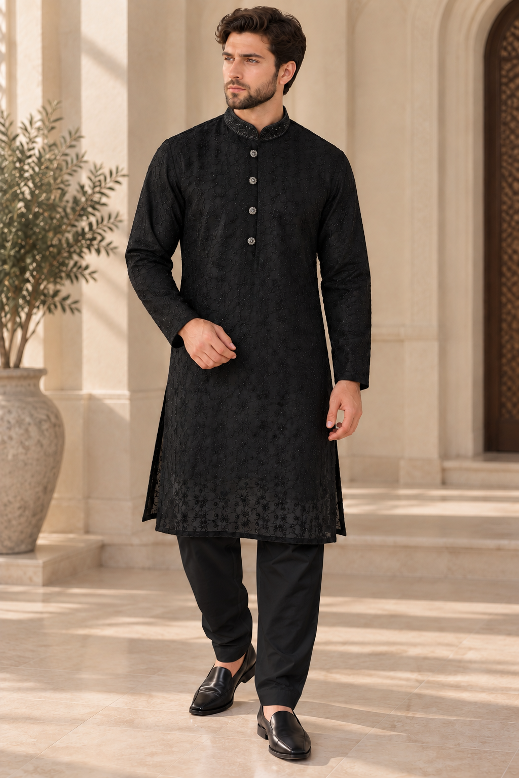 Men’s Black Embroidered Kurta Pajama with Beaded Collar