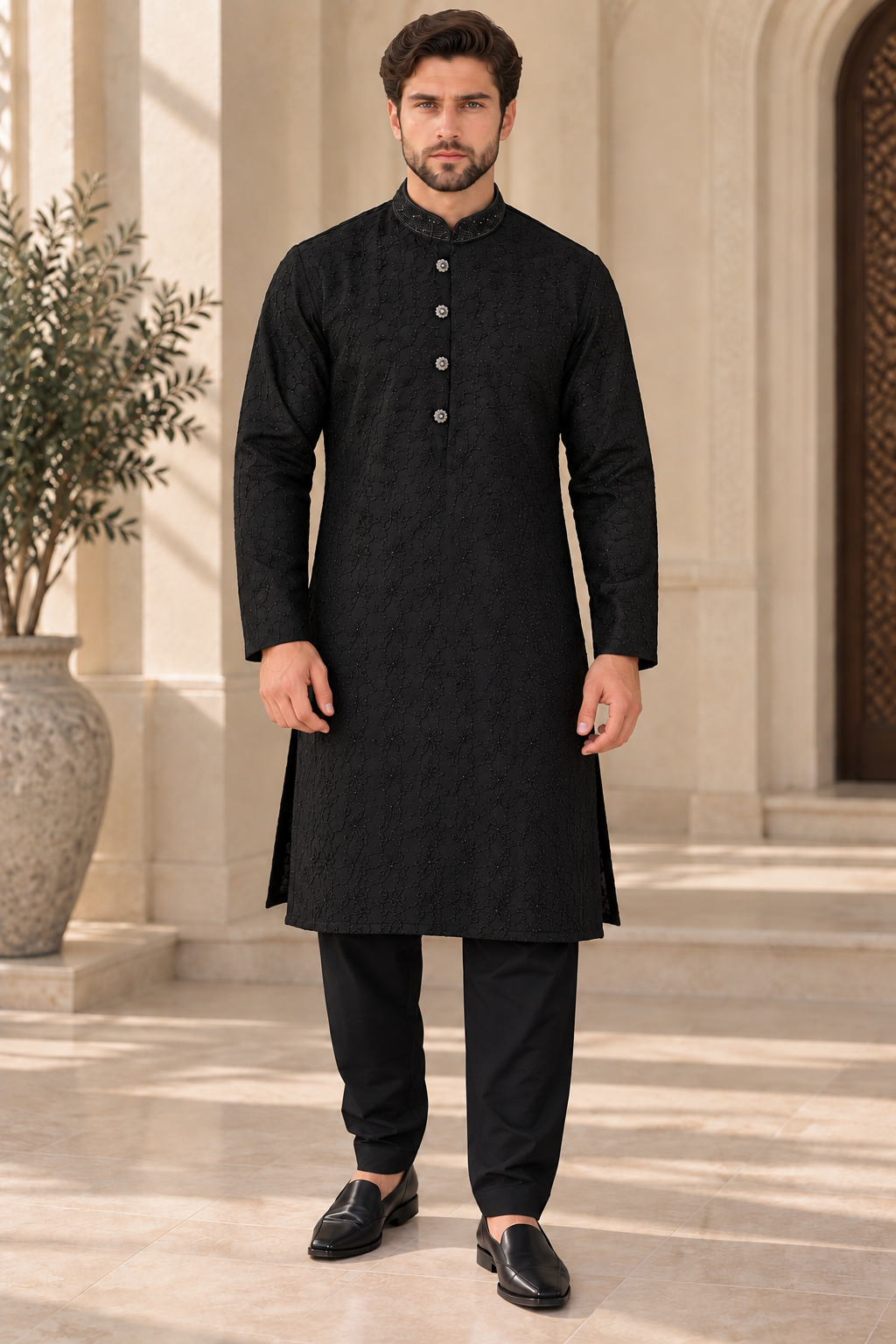 Men’s Black Embroidered Kurta Pajama with Beaded Collar