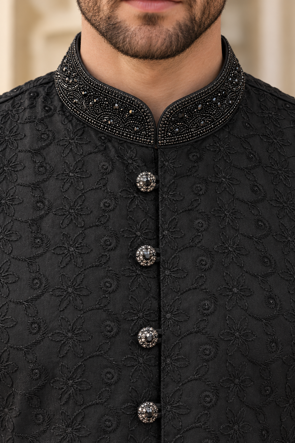 Men’s Black Embroidered Kurta Pajama with Beaded Collar