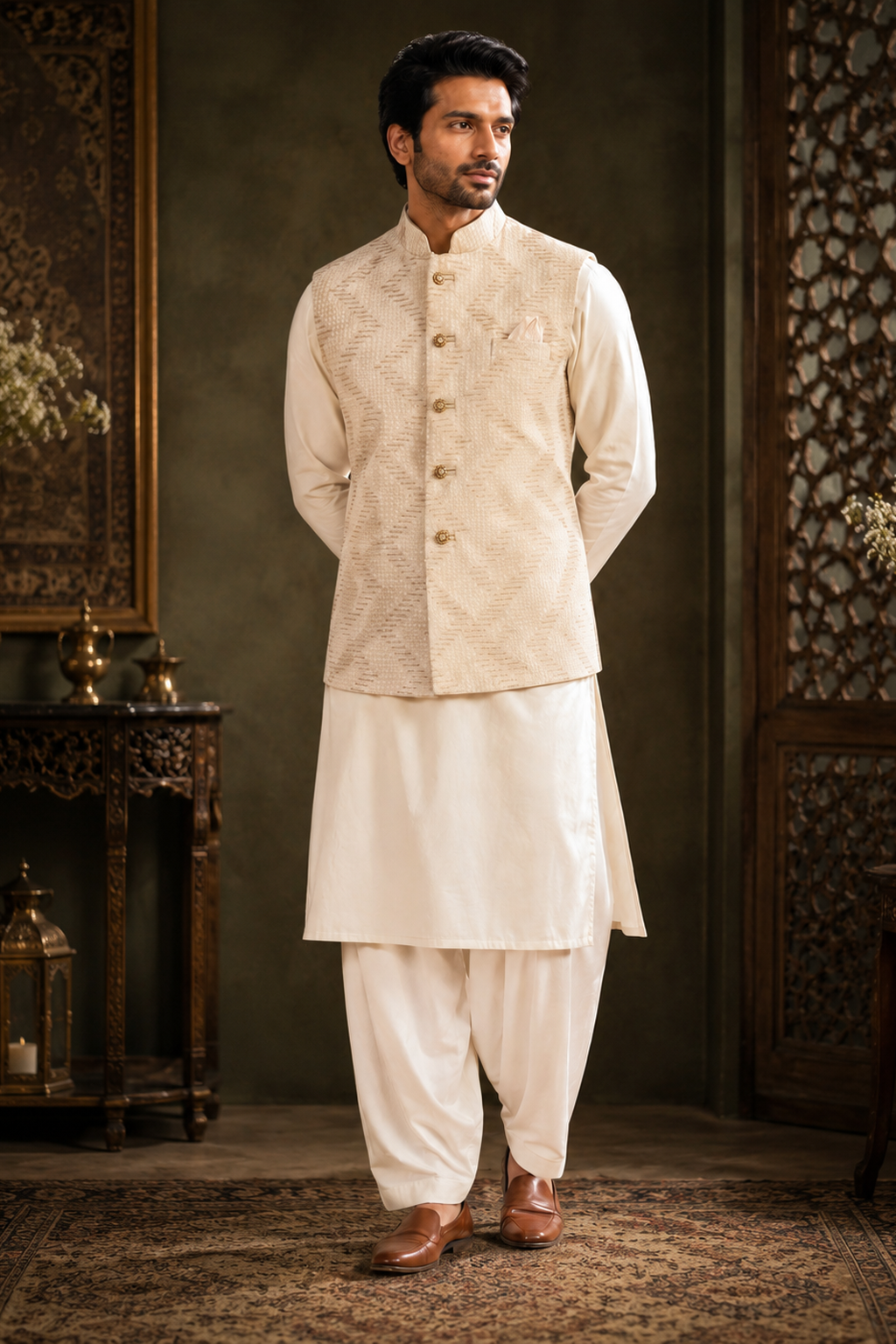 mens cream indian nehru jacket with thread and sequin embroidery for weddings and formal occassions full view