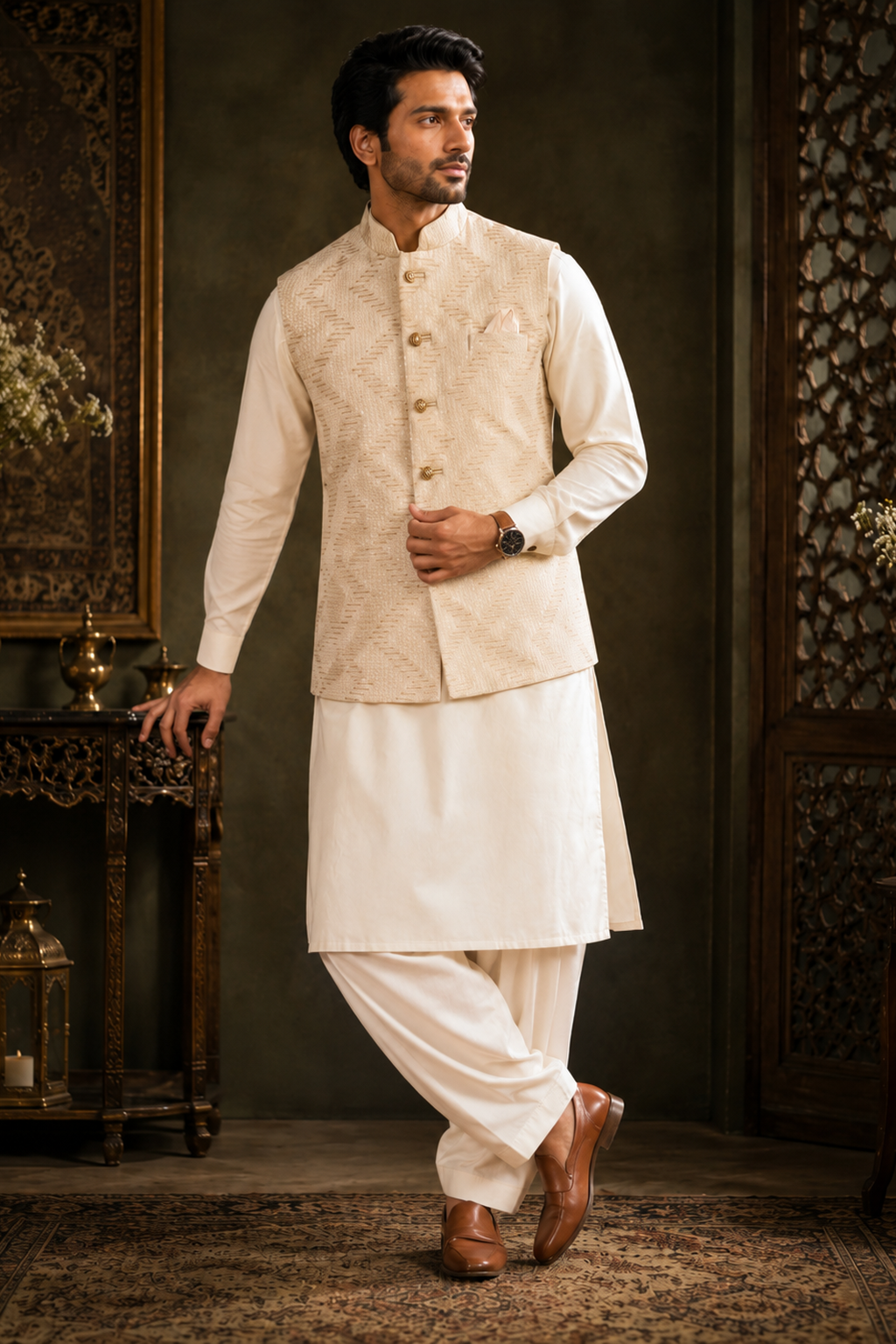 Cream Indian Nehru jacket styled for a wedding