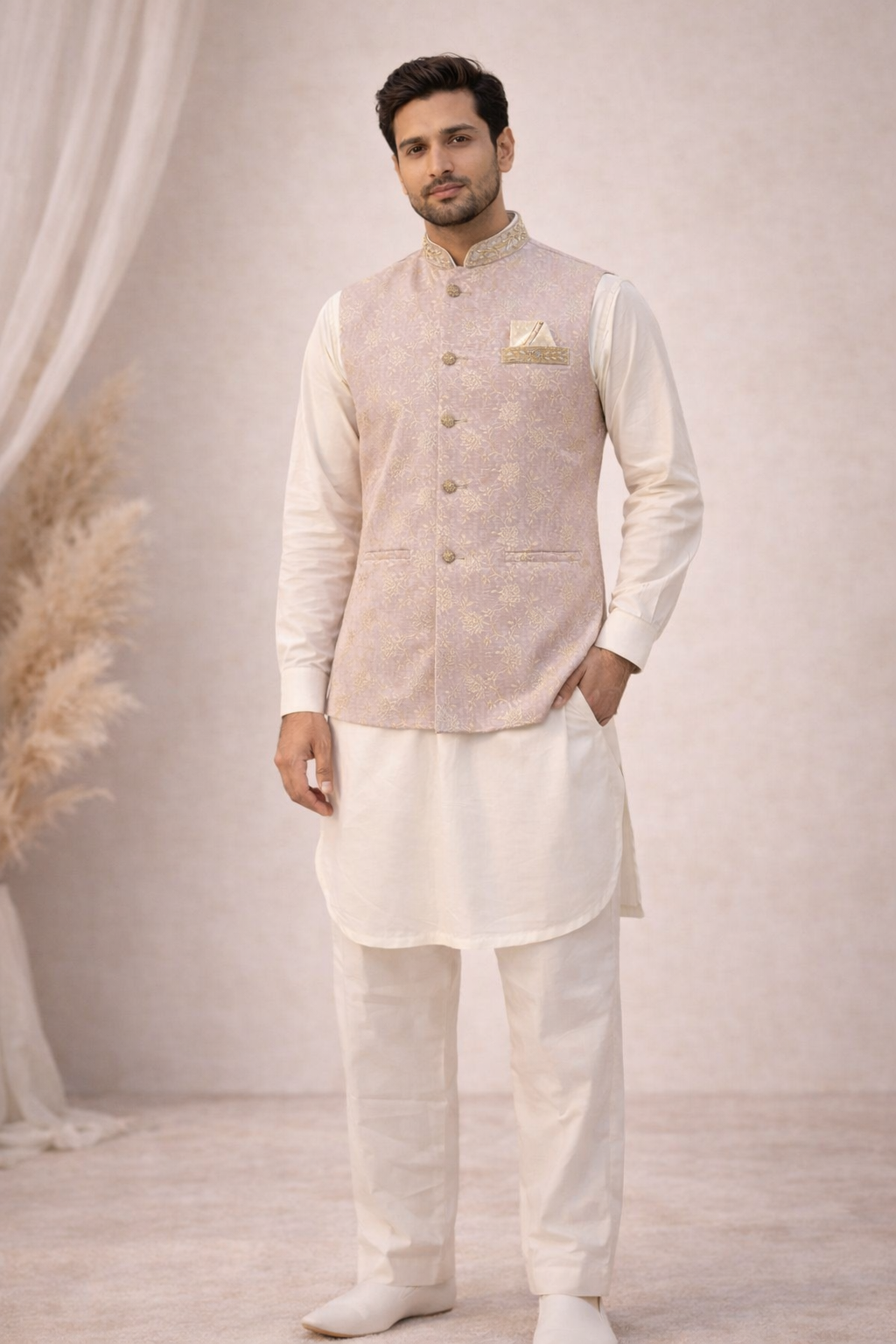 Mens indian nehru jacket waistcoat in dusty pink color standing view with gold front buttons, perfect for weddings, parties and formal events