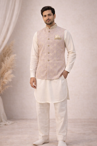Mens indian nehru jacket waistcoat in dusty pink color standing view with gold front buttons, perfect for weddings, parties and formal events