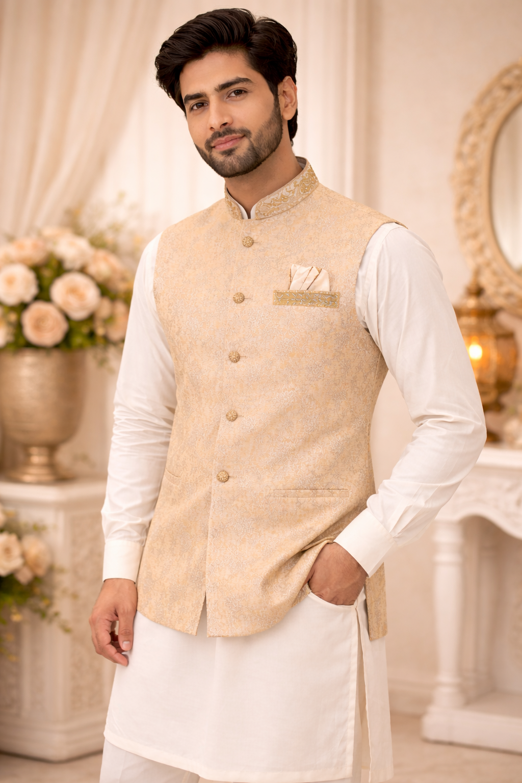 Mens Gold Indian Nehru jacket on Printed Jacquard material, wedding asian style party wear waistcoat UK
