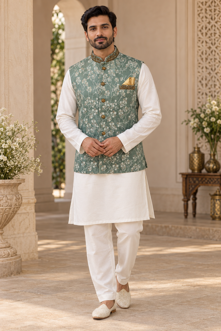 Men’s Green Floral Jacquard Indian Nehru Jacket