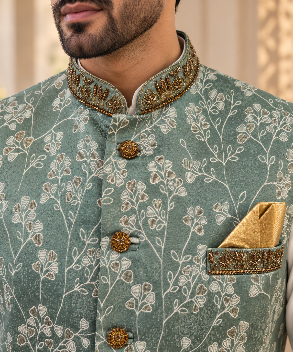 Men’s Green Floral Jacquard Indian Nehru Jacket