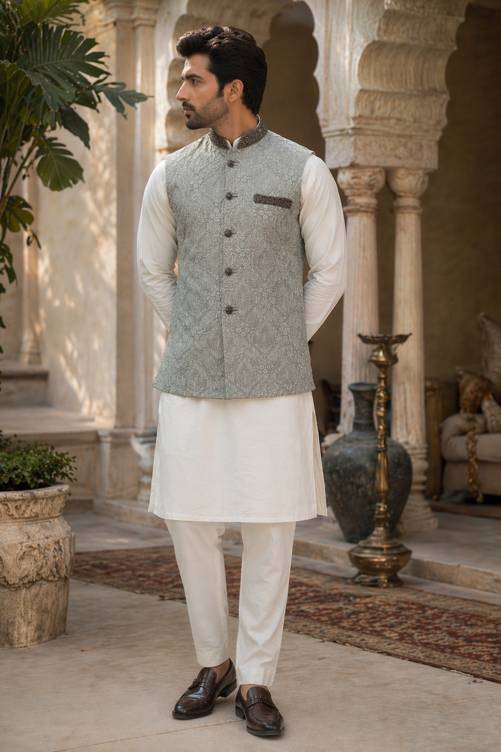Mens grey indian nehru jacket wedding waistcoat