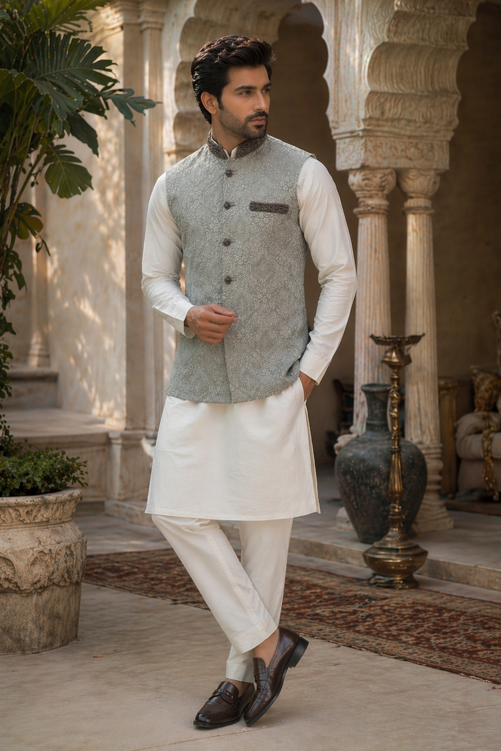 Mens grey indian nehru jacket wedding waistcoat