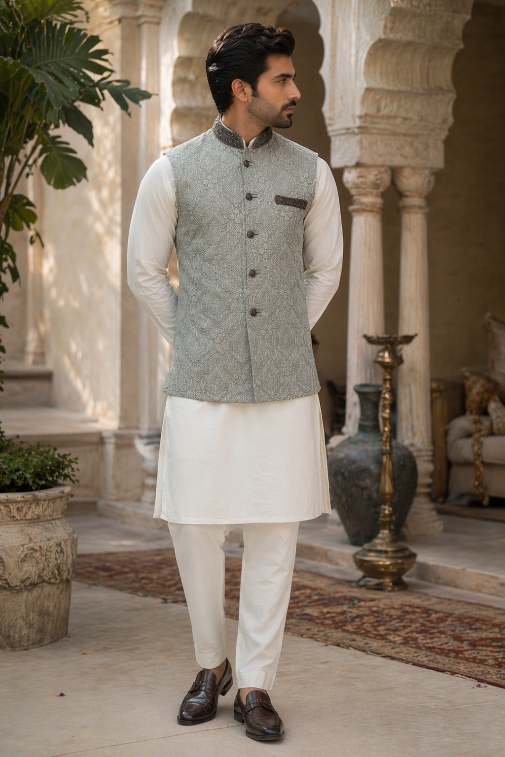 Mens grey indian nehru jacket wedding waistcoat