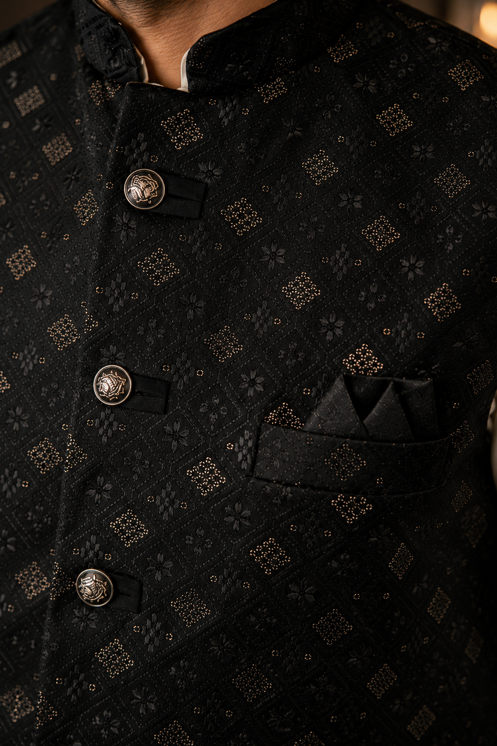 Men's Black Indian Nehru Jacket Thread Embroidered