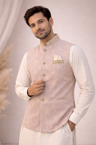 Mens indian nehru jacket waistcoat in dusty pink color standing view with gold front buttons, perfect for weddings, parties and formal events
