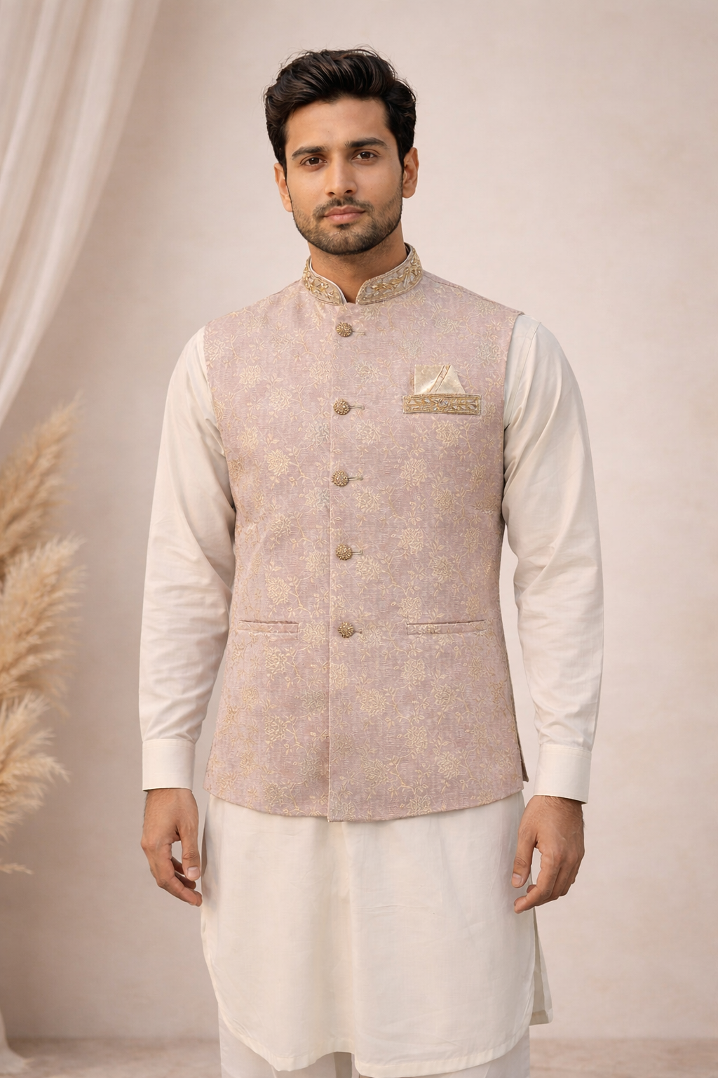 Mens indian nehru jacket waistcoat in dusty pink color standing view with gold front buttons, perfect for weddings, parties and formal events