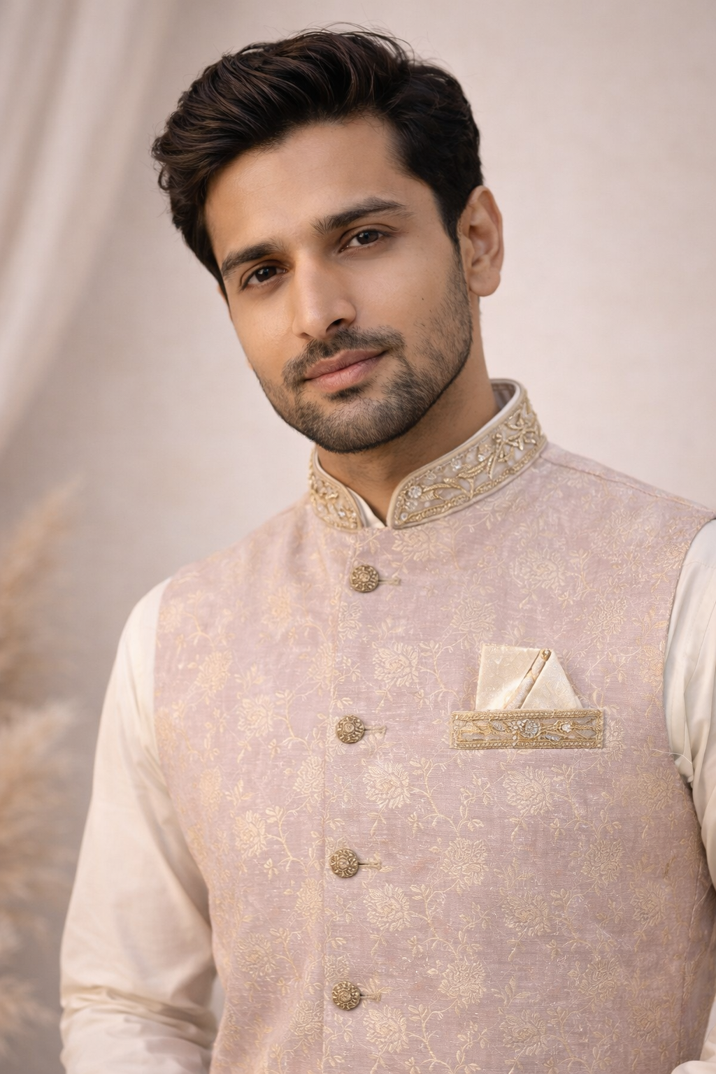 Mens indian nehru jacket waistcoat in dusty pink color standing view with gold front buttons, perfect for weddings, parties and formal events