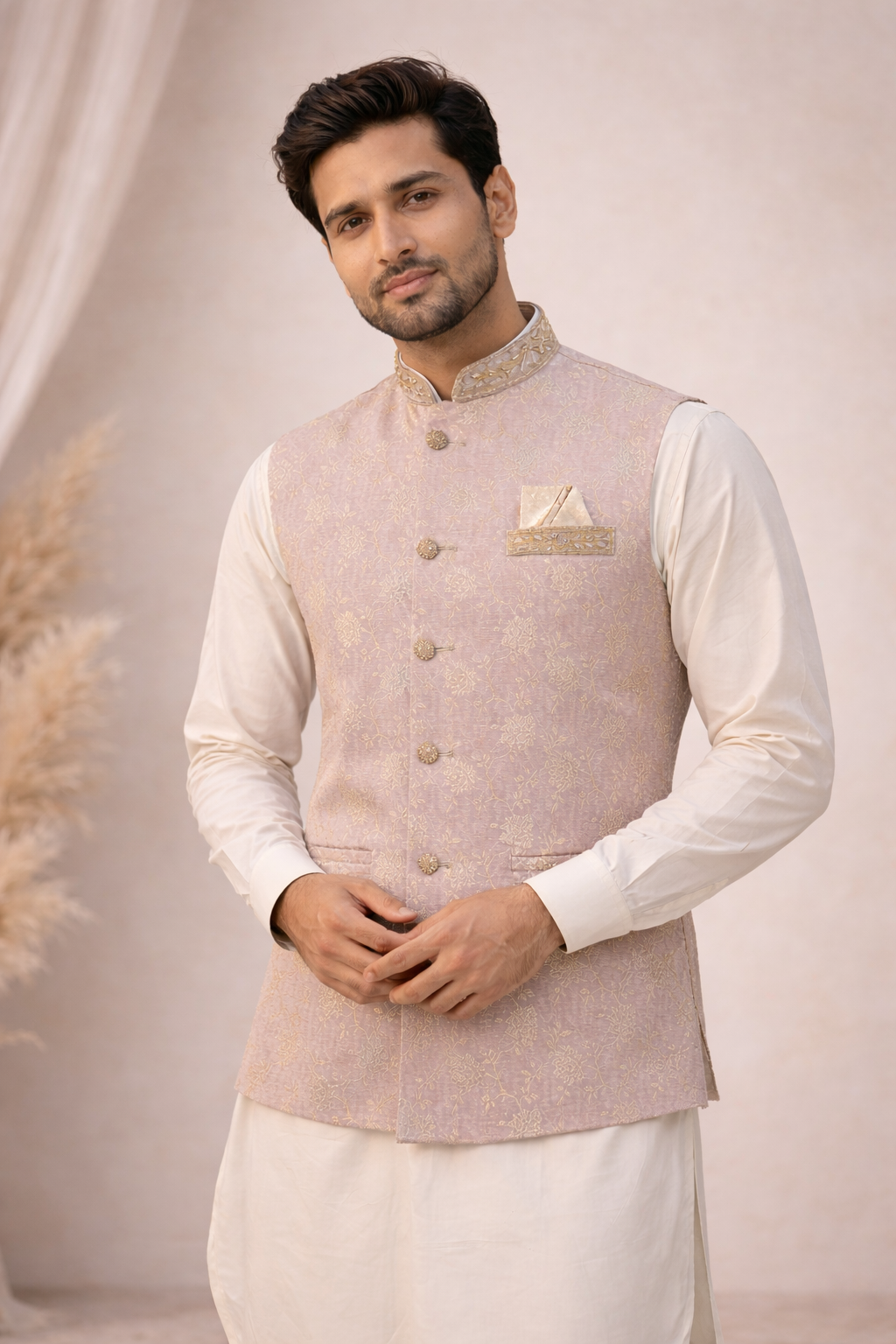Mens indian nehru jacket waistcoat in dusty pink color standing view with gold front buttons, perfect for weddings, parties and formal events