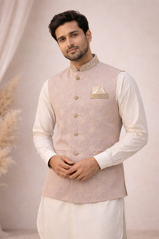 Mens indian nehru jacket waistcoat in dusty pink color standing view with gold front buttons, perfect for weddings, parties and formal events