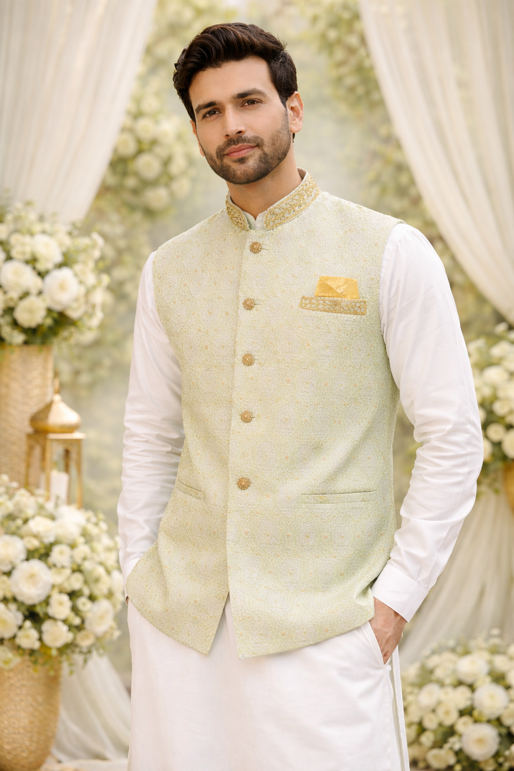 Mint green mens indian nehru jacket waistcoat asian fancy party style