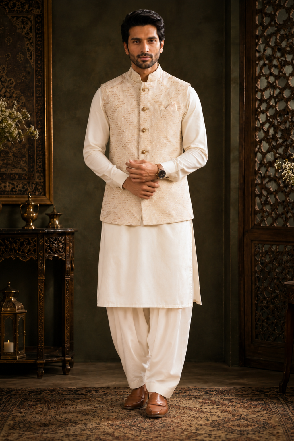 mens cream indian nehru jacket with thread and sequin embroidery for weddings and formal occassions full view