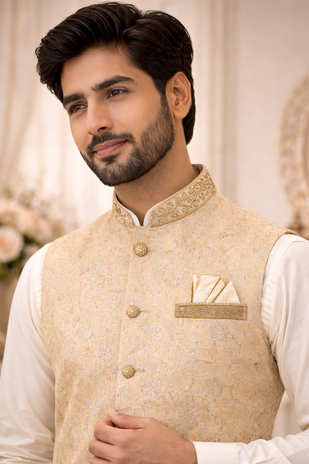 Mens Gold Indian Nehru jacket Printed Jacquard close view of the waistcoat perfect for wedding and formal events