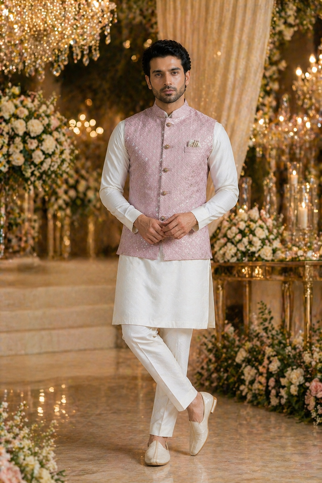 Mens Pink Indian Nehru Jacket With Kurta Wedding Waistcoat Style