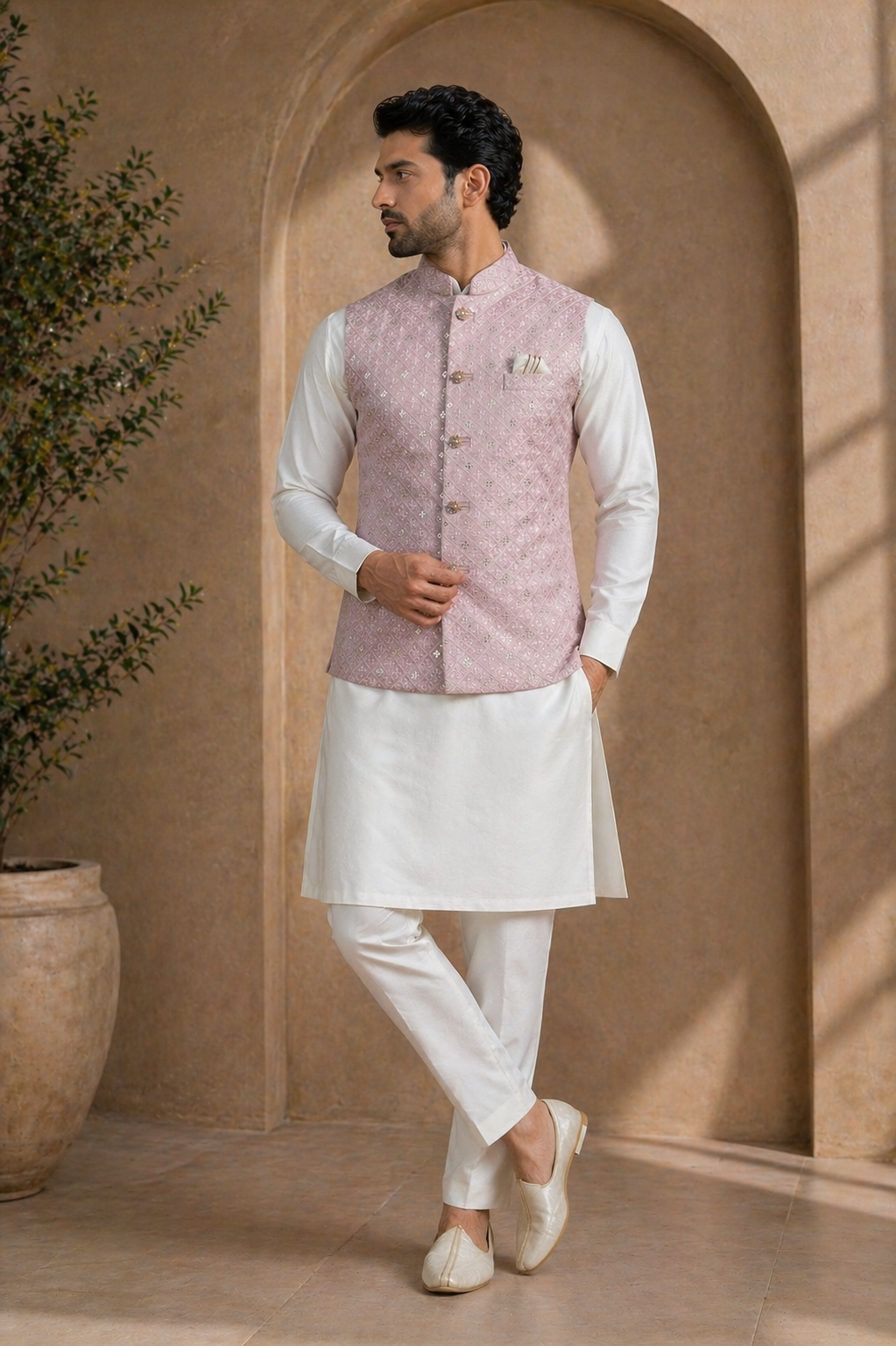 Mens Pink Indian Nehru Jacket With Kurta Full Length View