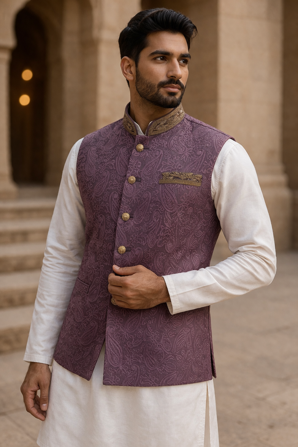 Mens Indian Nehru Jacket In Plum Color Male Gents Wedding Waistcoat UK Standing View