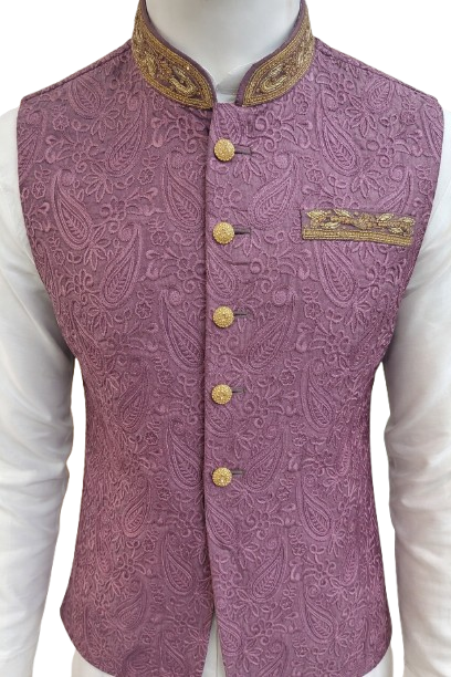 mens indian nehru jacket plum close view of design for wedding formal waistcoat UK