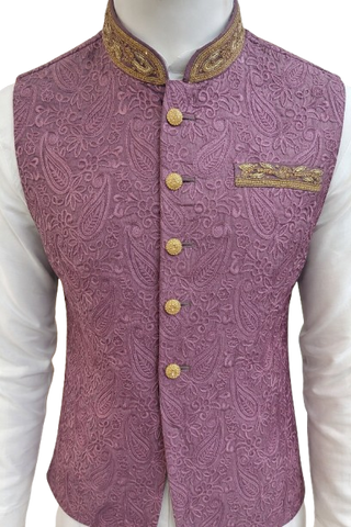 mens indian nehru jacket plum close view of design for wedding formal waistcoat UK