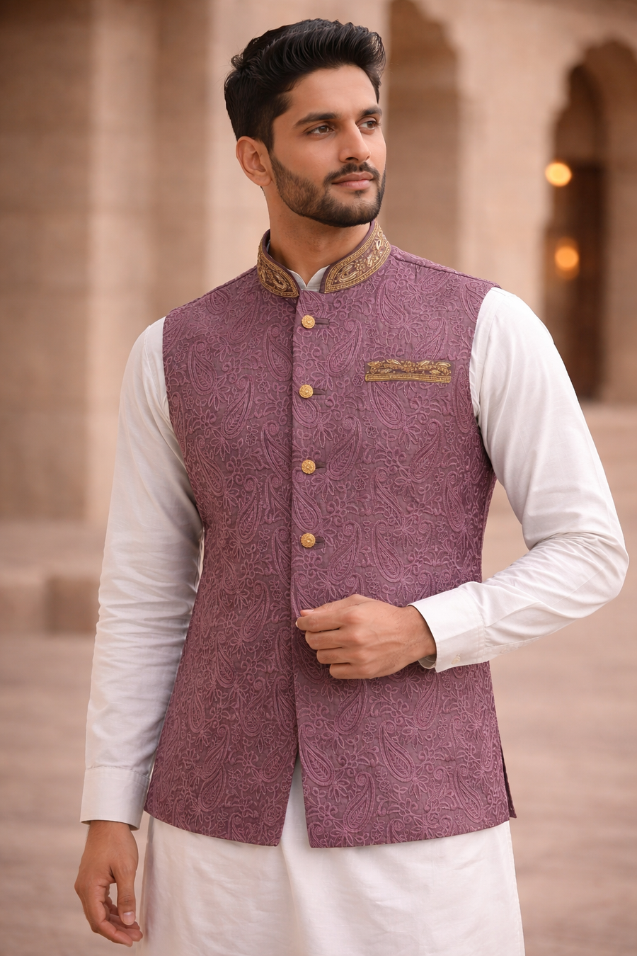 Mens Indian Nehru Jacket - Plum Embroidered Waistcoat