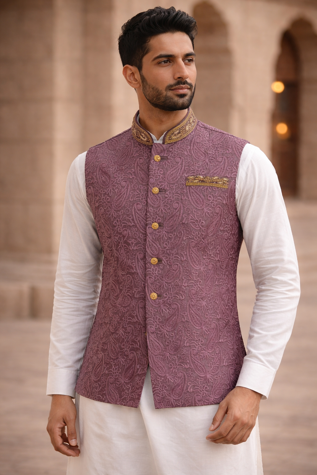 Mens indian nehru jacket in Plum color male gents asian wedding formal waistcoat UK