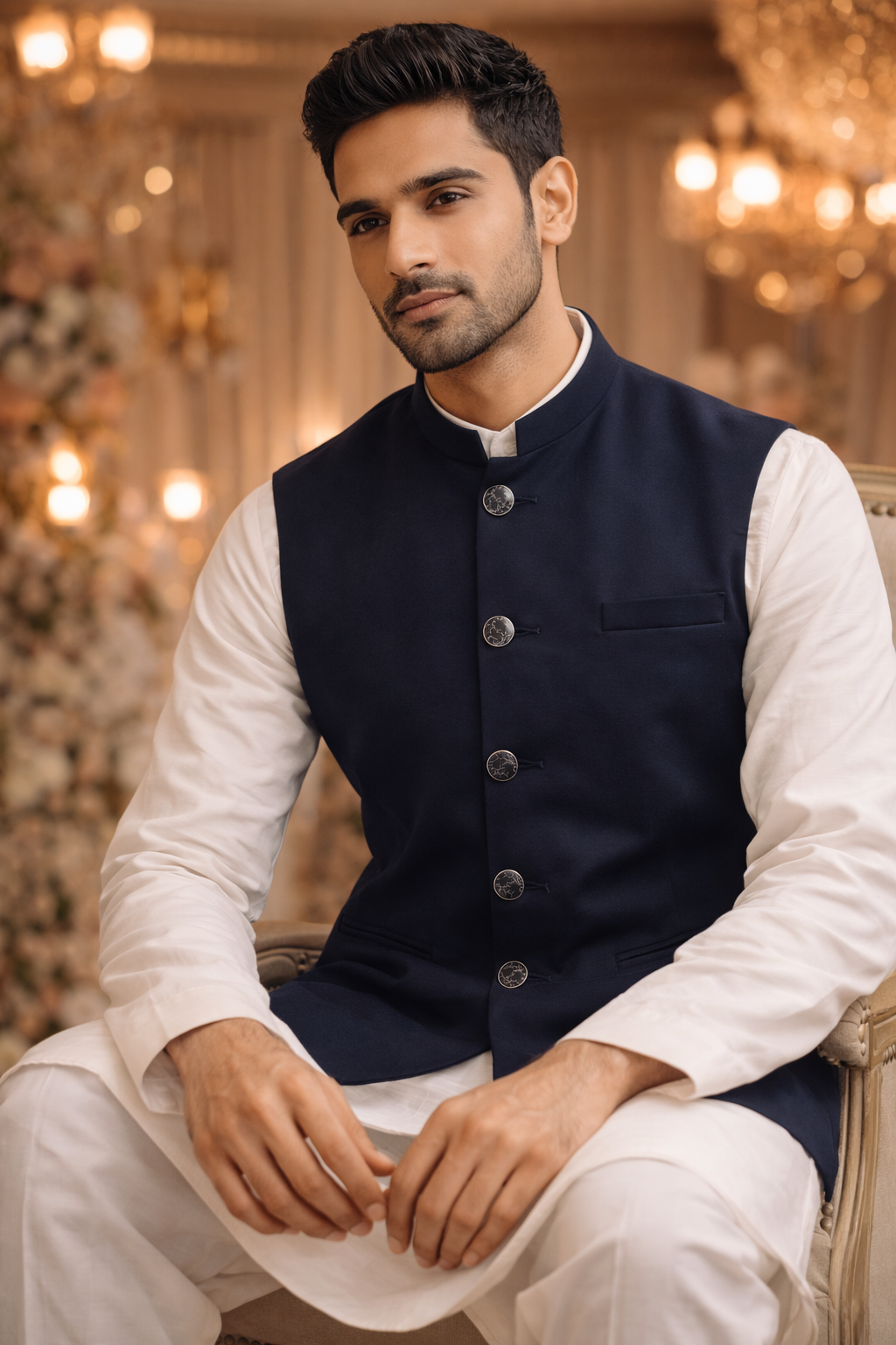 Mens indian nehru jacket navy blue plain wedding formal waistcoat for men