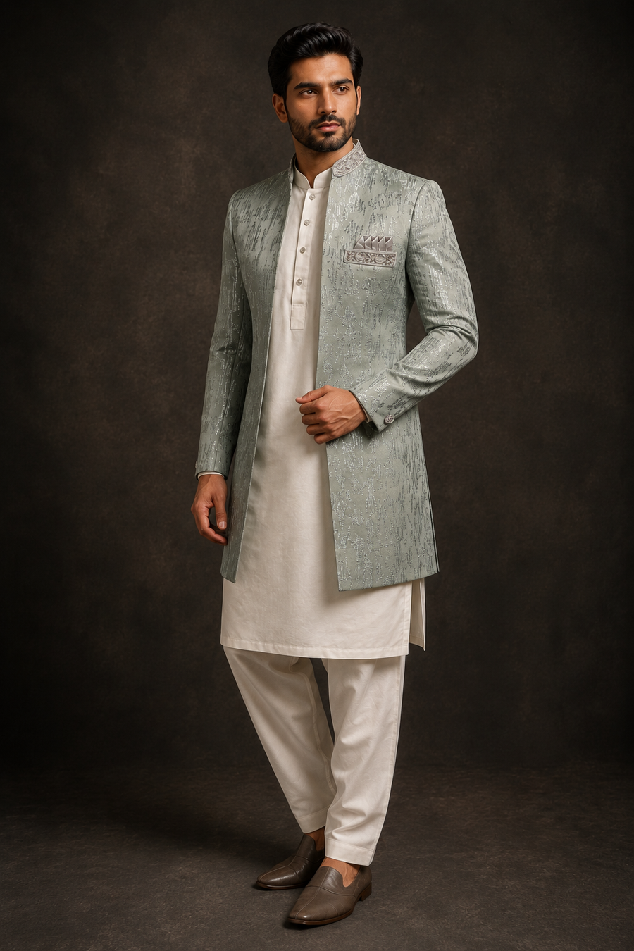 Men’s Sage Silver Open-Front Jodhpuri Jacket
