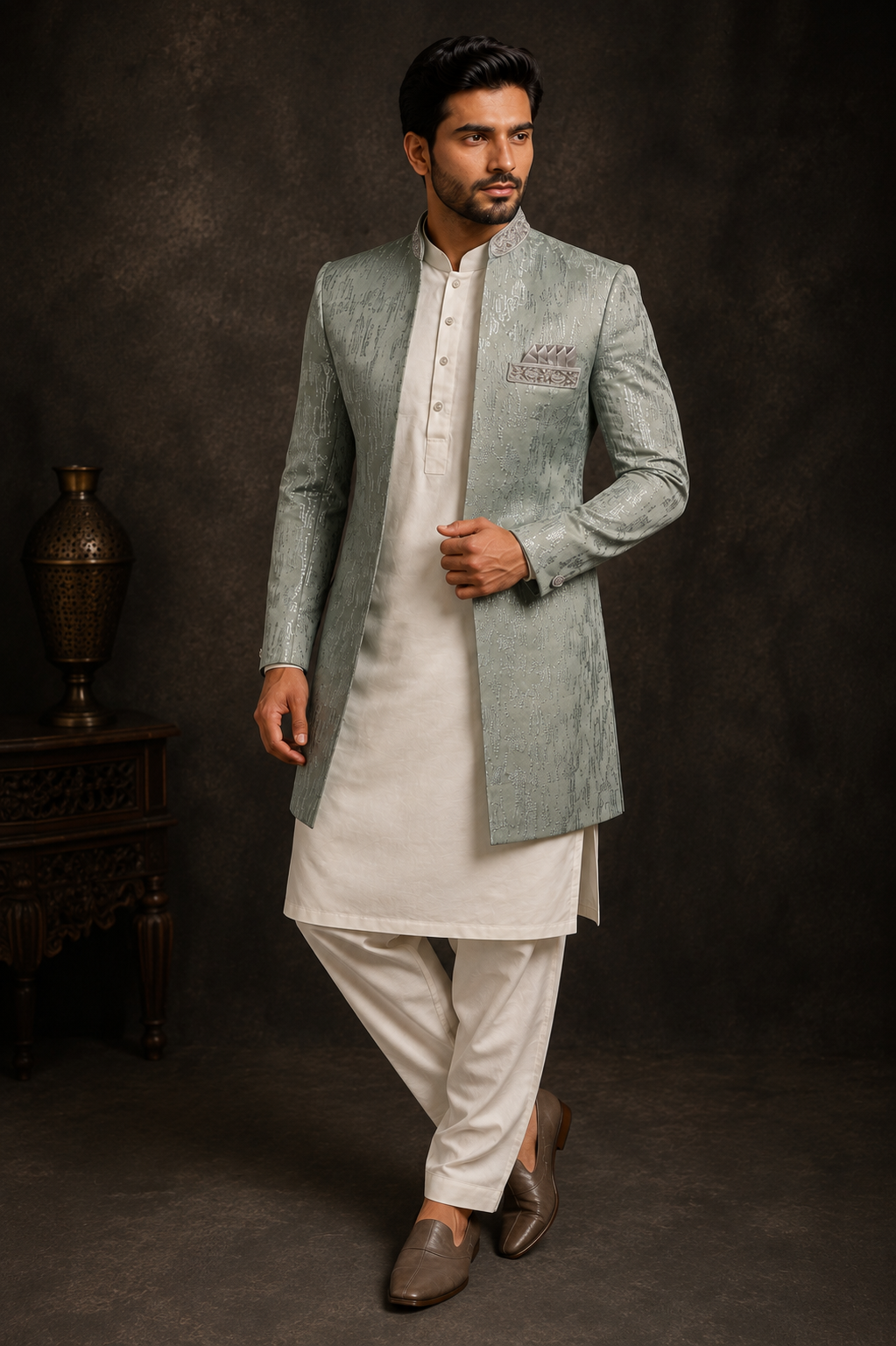 Mens Indian Sage Silver Open-Front Jodhpuri Jacket