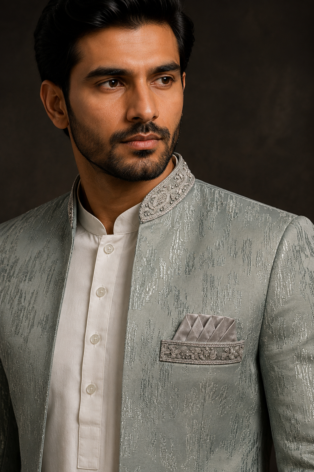 Mens Indian Sage Silver Open-Front Jodhpuri Jacket
