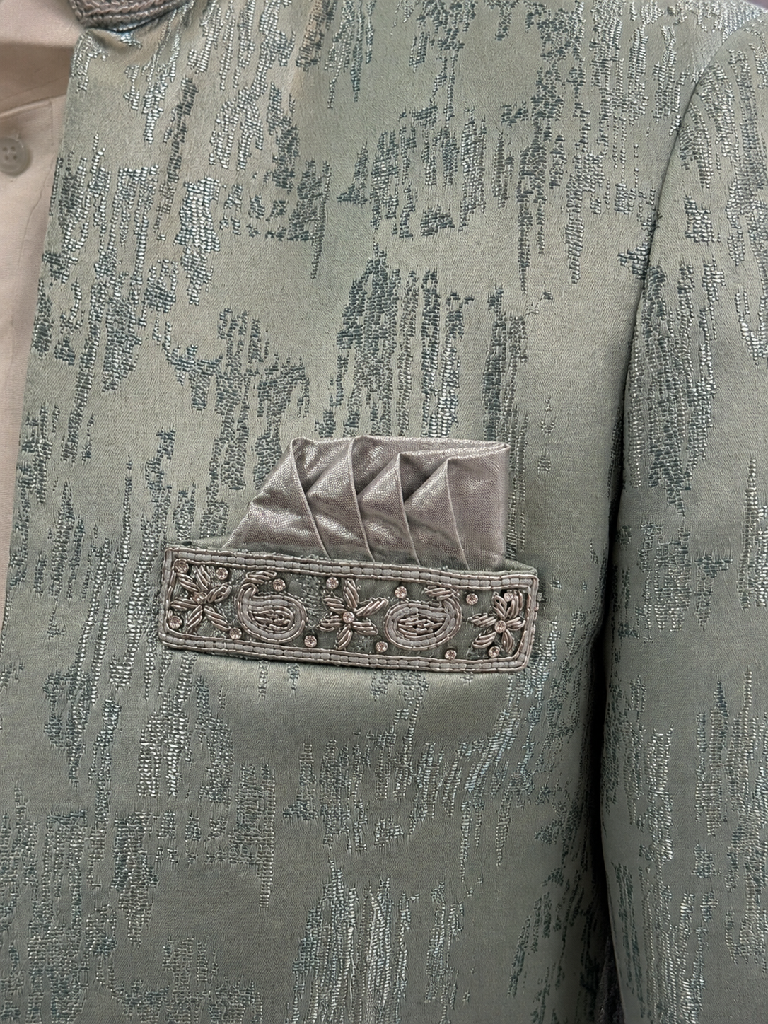 Mens Indian Sage Silver Open-Front Jodhpuri Jacket
