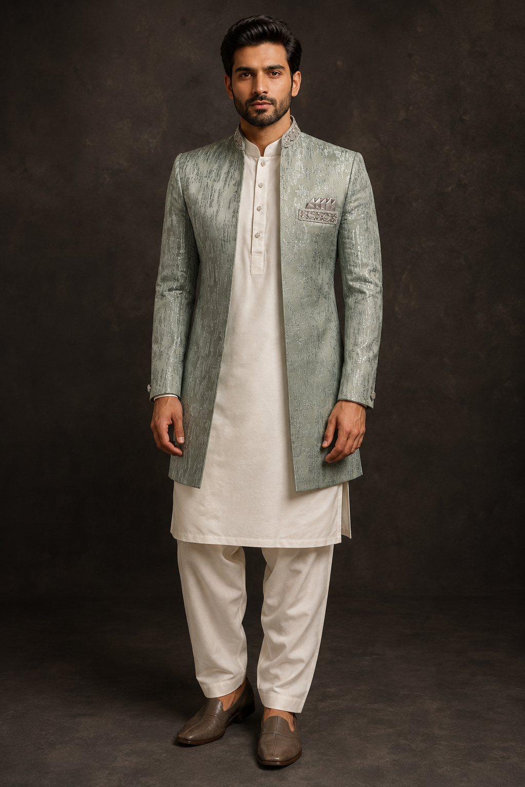 Sage Silver Open-Front Jodhpuri Jacket