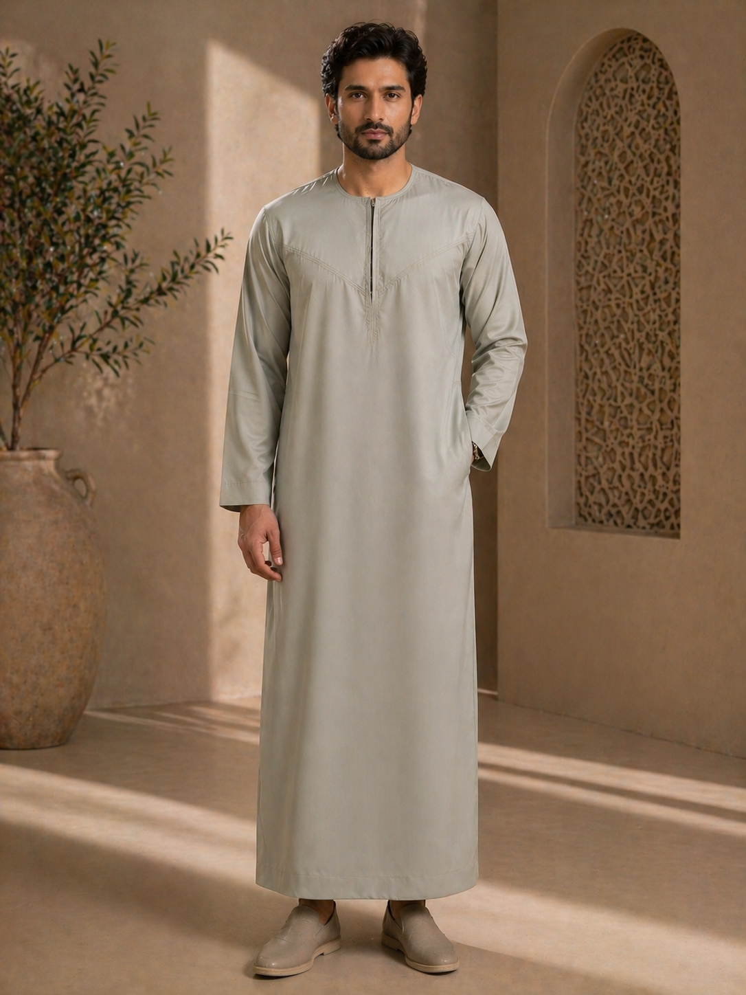 Mens Khaki Jubba Thobe UK Full View 