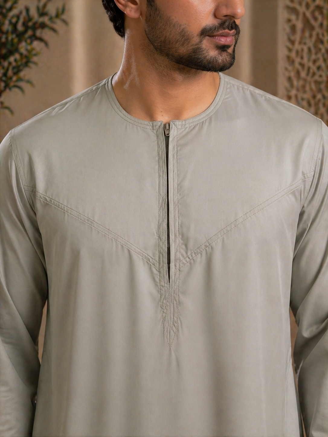 Mens Khaki Jubba Thobe UK Close Up Mosque Saudi Style Jubbah