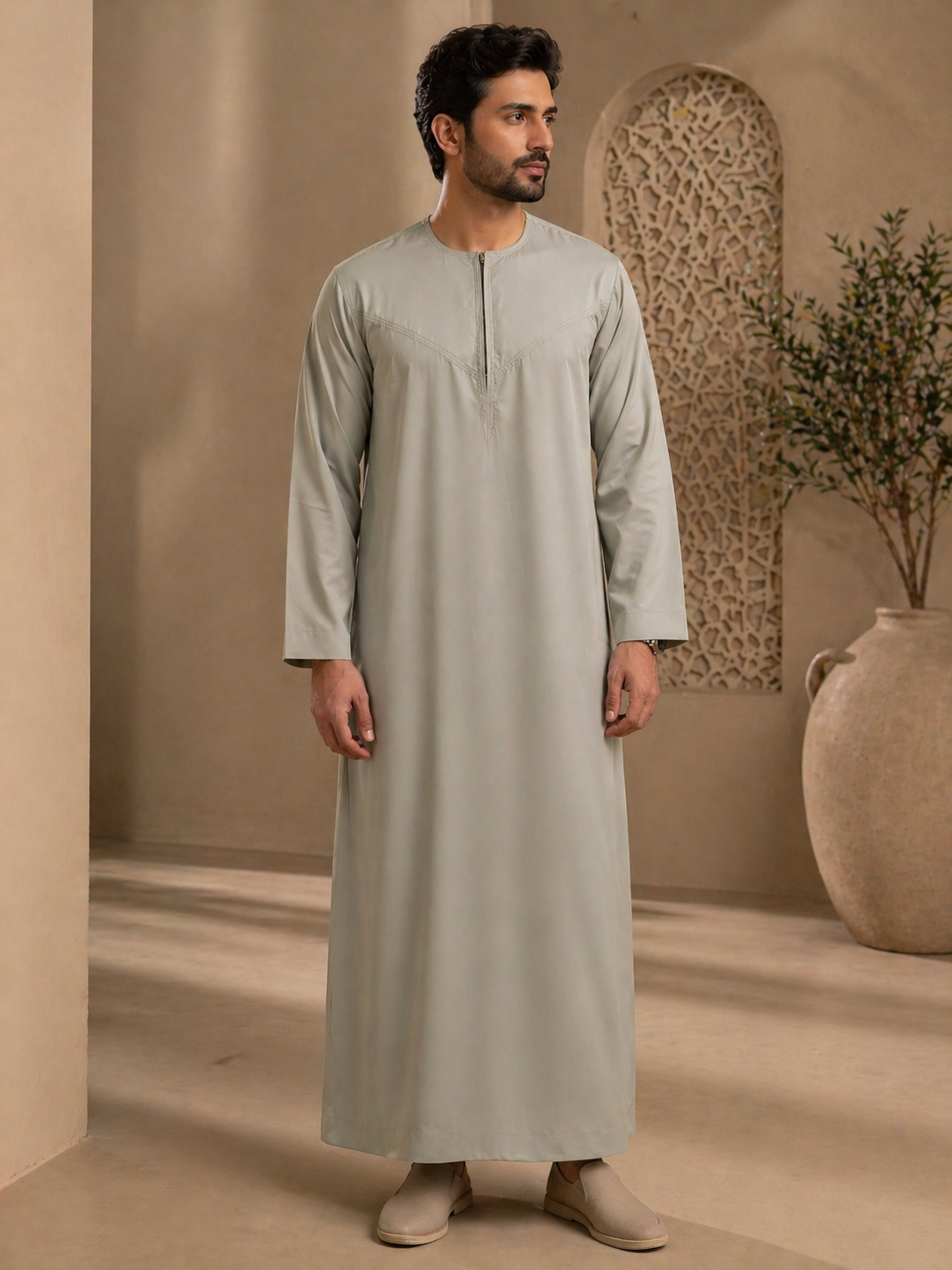 Mens Khaki Jubba Thobe UK Full View 