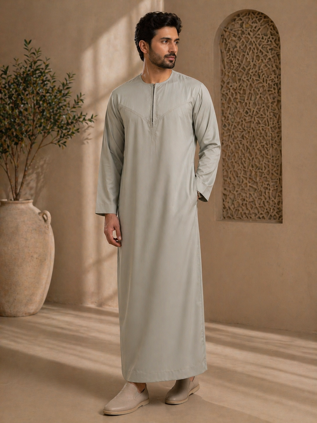 Mens Khaki Jubba Thobe UK Full View 