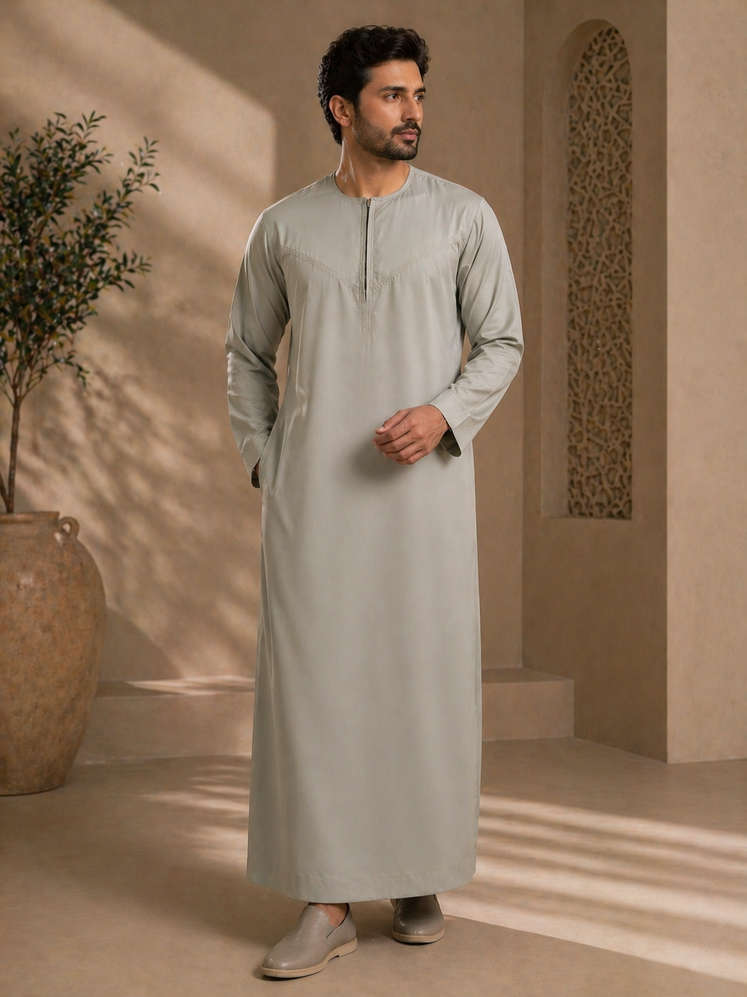 Mens Khaki Jubba Thobe UK Full View 