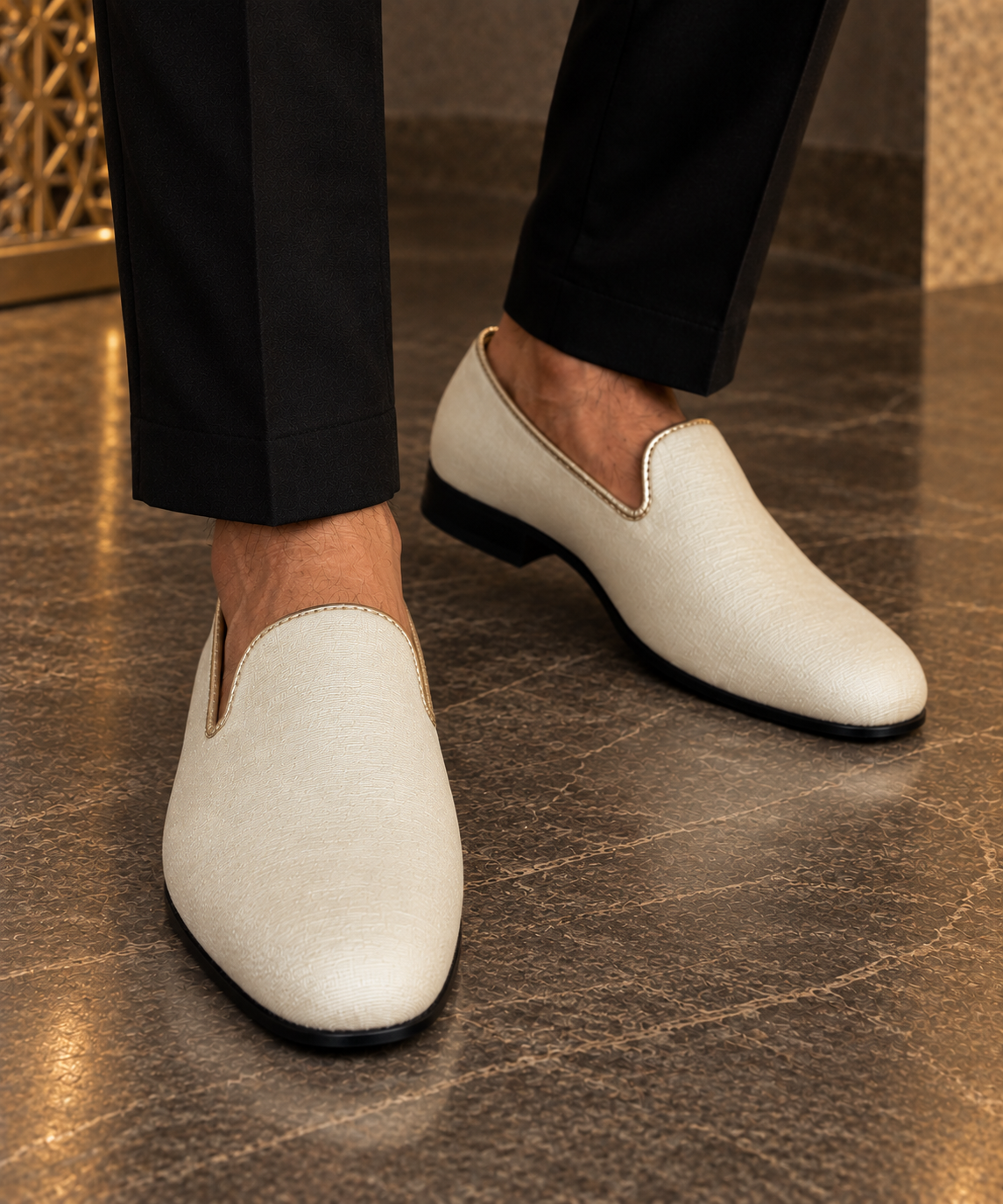 Men’s Cream Off-White Slip-On Loafers – Formal Wedding Shoes